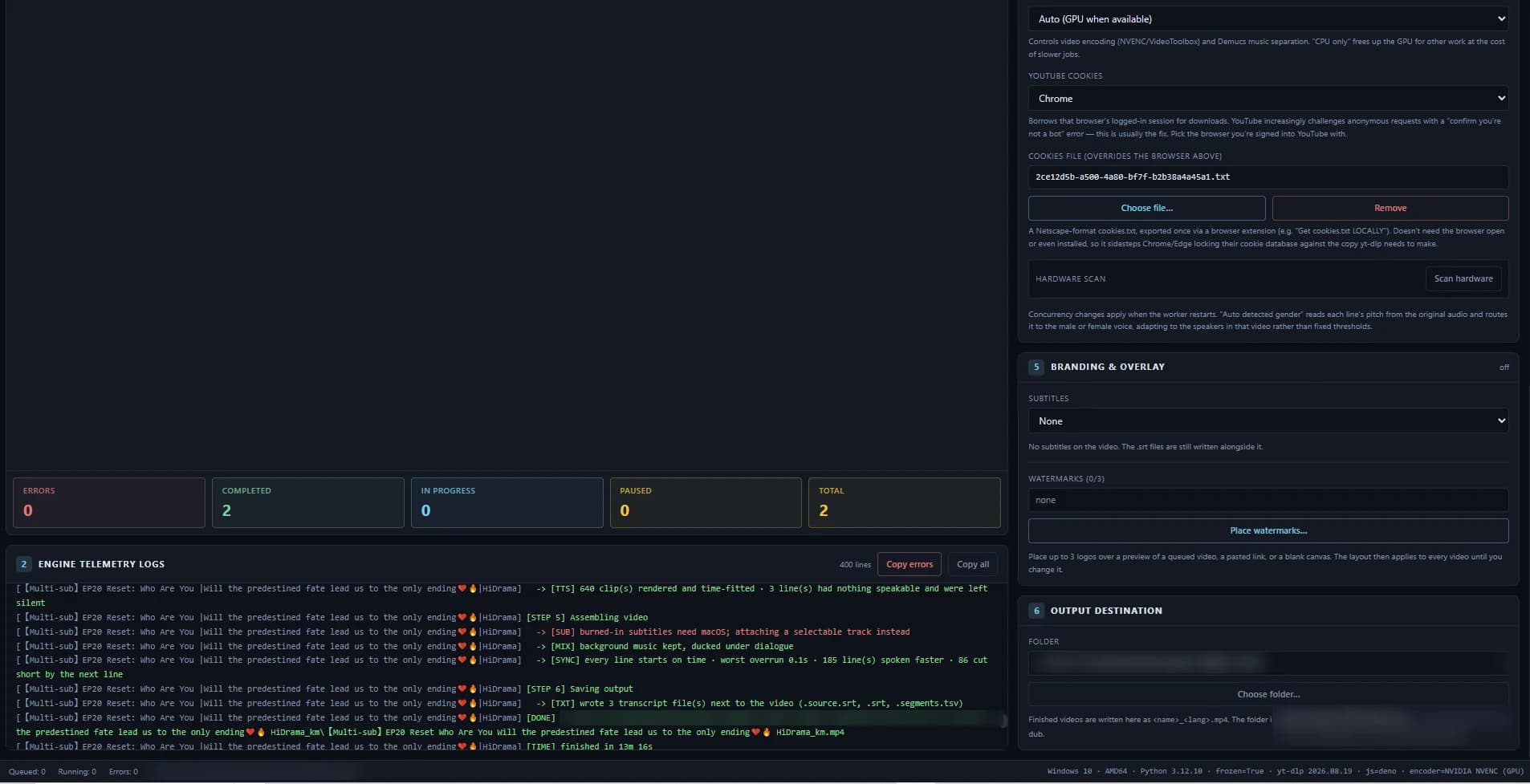 Live engine telemetry for every job — voice clips rendered, music kept under the dialogue and a sync report for each video — next to the hardware, cookie, branding and output settings.