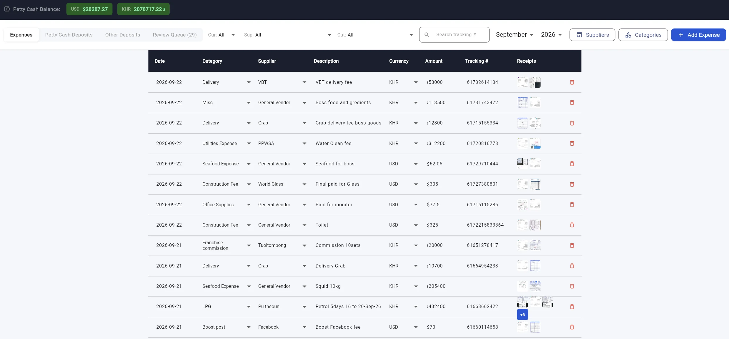The expense ledger, with live petty-cash balances in USD and riel and receipt photos on every line.