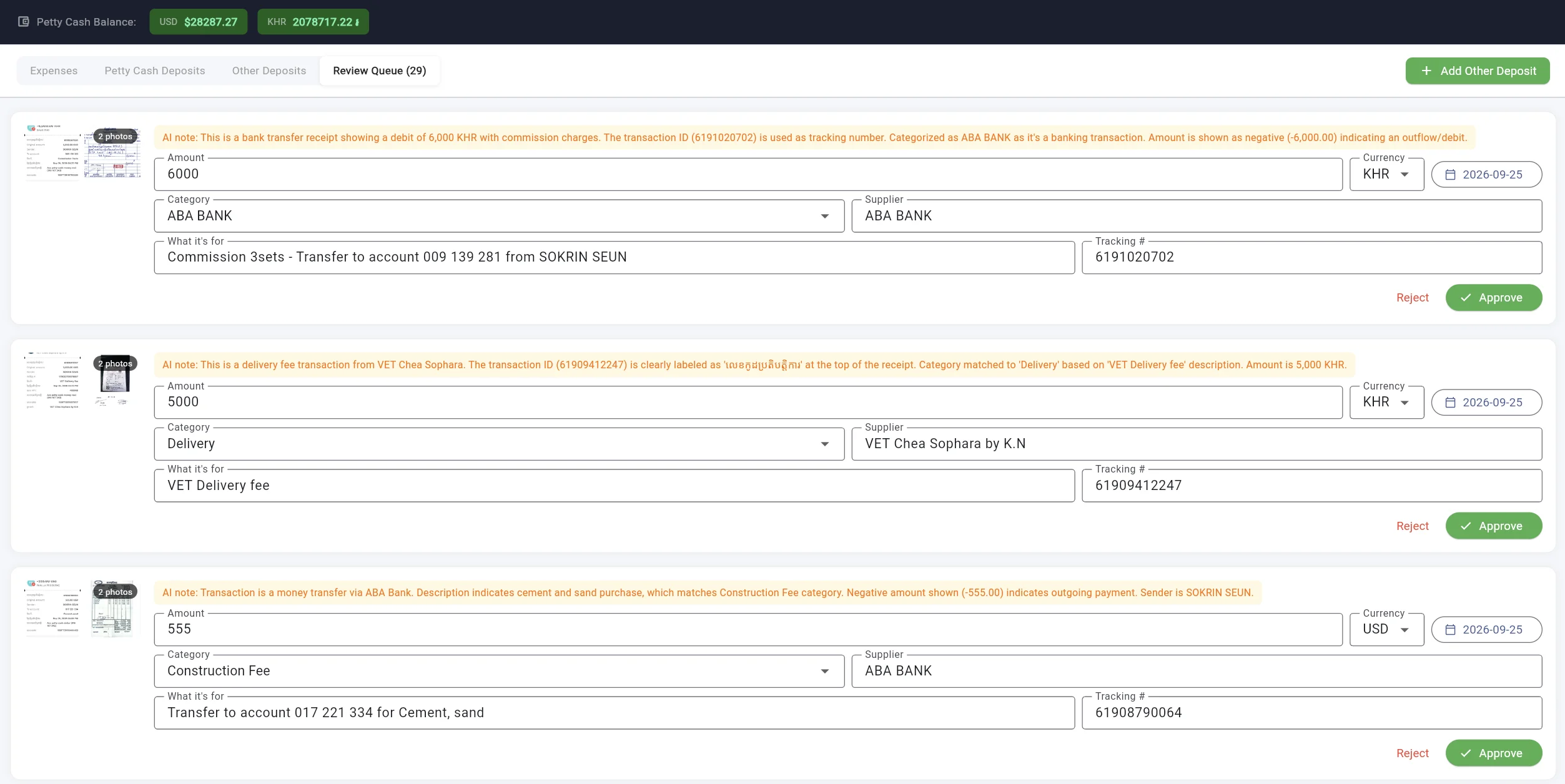 The review queue: amount, category, supplier and transaction ID read by AI, with its reasoning, ready to approve or reject.